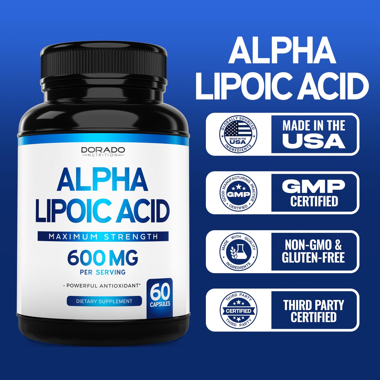 Alpha Lipoic Acid 600mg - 60 Capsules (Pack of 2) | USA Made, Non-GMO, Gluten Free