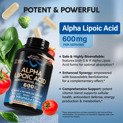 Nutraharmony Alpha Lipoic Acid 600mg – Extra Strength ALA with Benfotiamine, B1 & B12 (240 Veg Capsules)