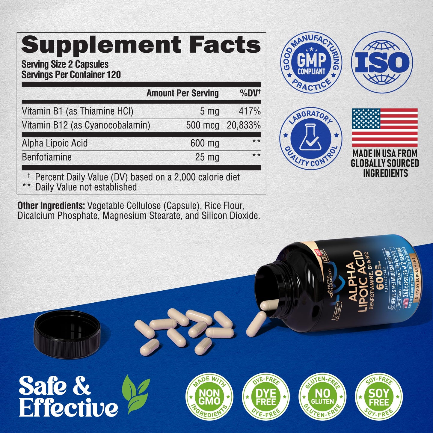 Nutraharmony Alpha Lipoic Acid 600mg – Extra Strength ALA with Benfotiamine, B1 & B12 (240 Veg Capsules)