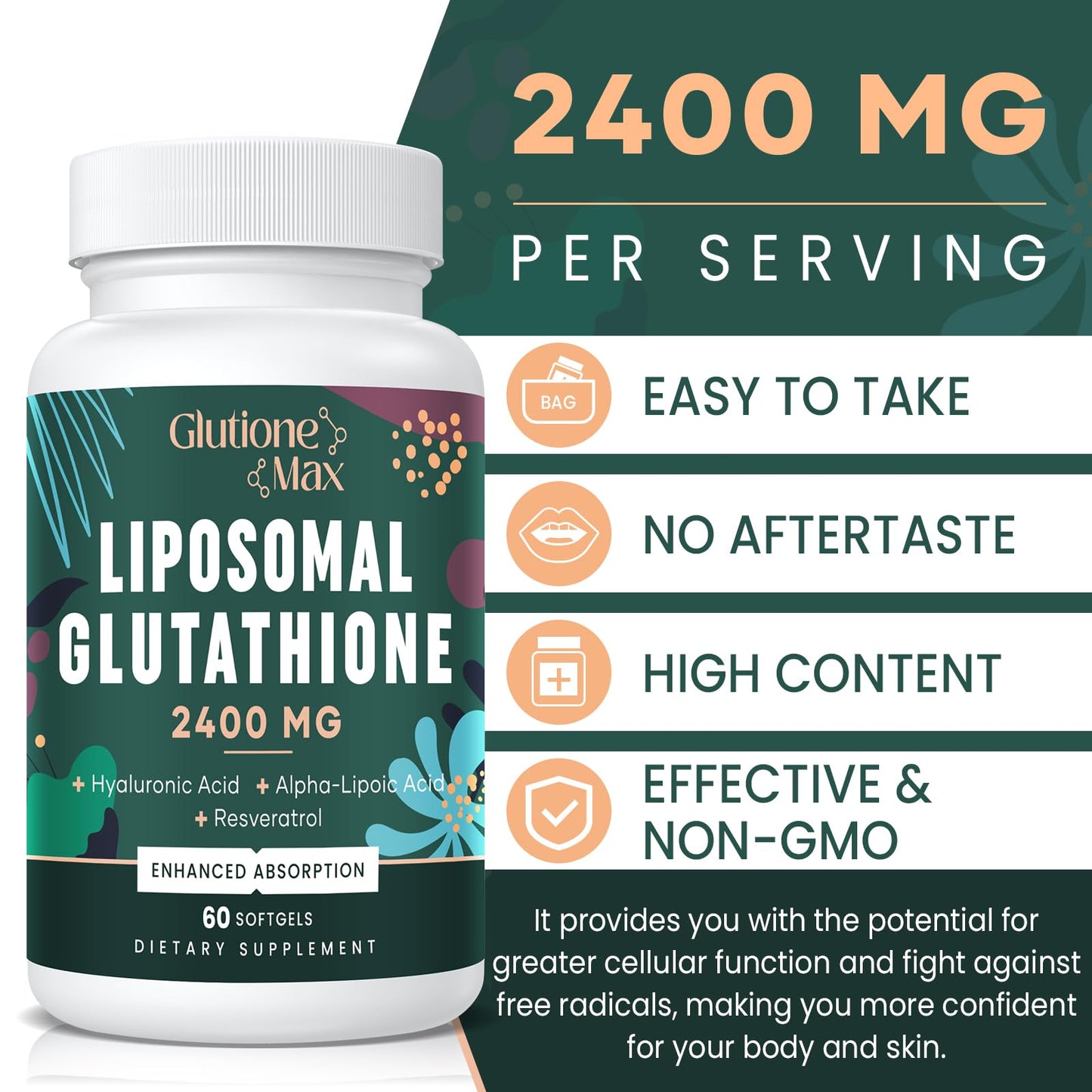 8-in-1 Liposomal Glutathione 2400 mg – High Absorption Antioxidant Formula (Skin, Liver Detox & Immune Support) | 60 Softgels