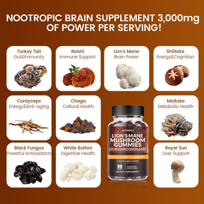 ALPHA01 Mushroom Gummies - 10x Mushroom Complex with Ashwagandha & Lion's Mane | Nootropic Brain Support, Immune Health & Stress Relief (90 CT) Classic Coke