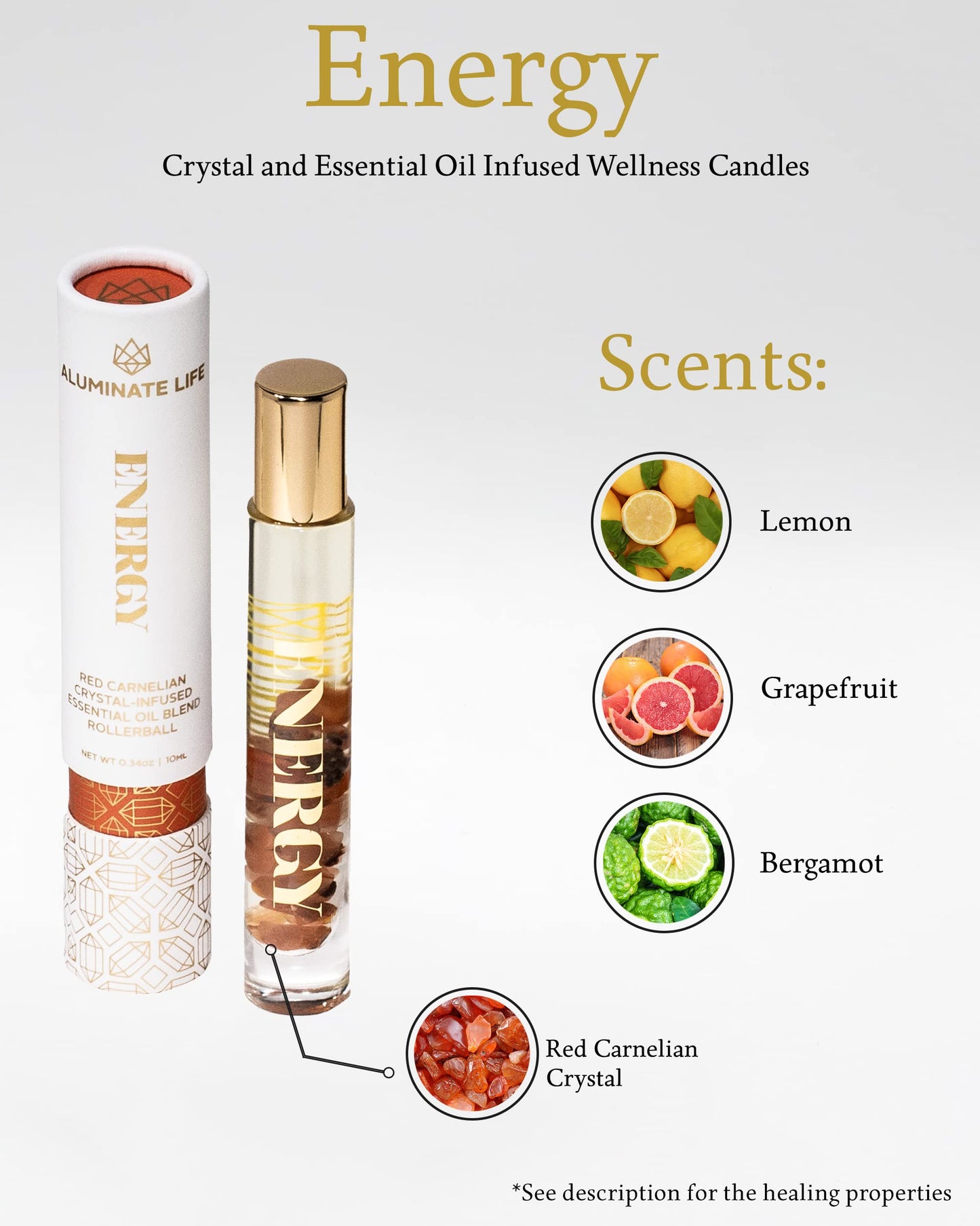Aluminate Life Energy Essential Oil Rollerballs 7 oz, Red Carnelian Crystal Infused, Lemon, Grapefruit & Bergamot