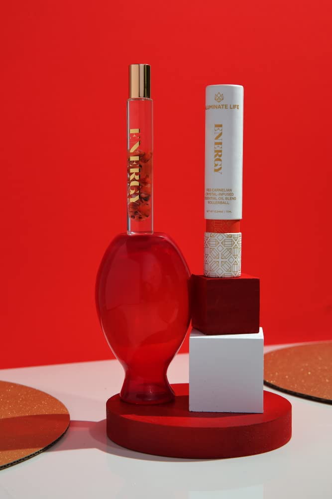 Aluminate Life Energy Essential Oil Rollerballs 7 oz, Red Carnelian Crystal Infused, Lemon, Grapefruit & Bergamot