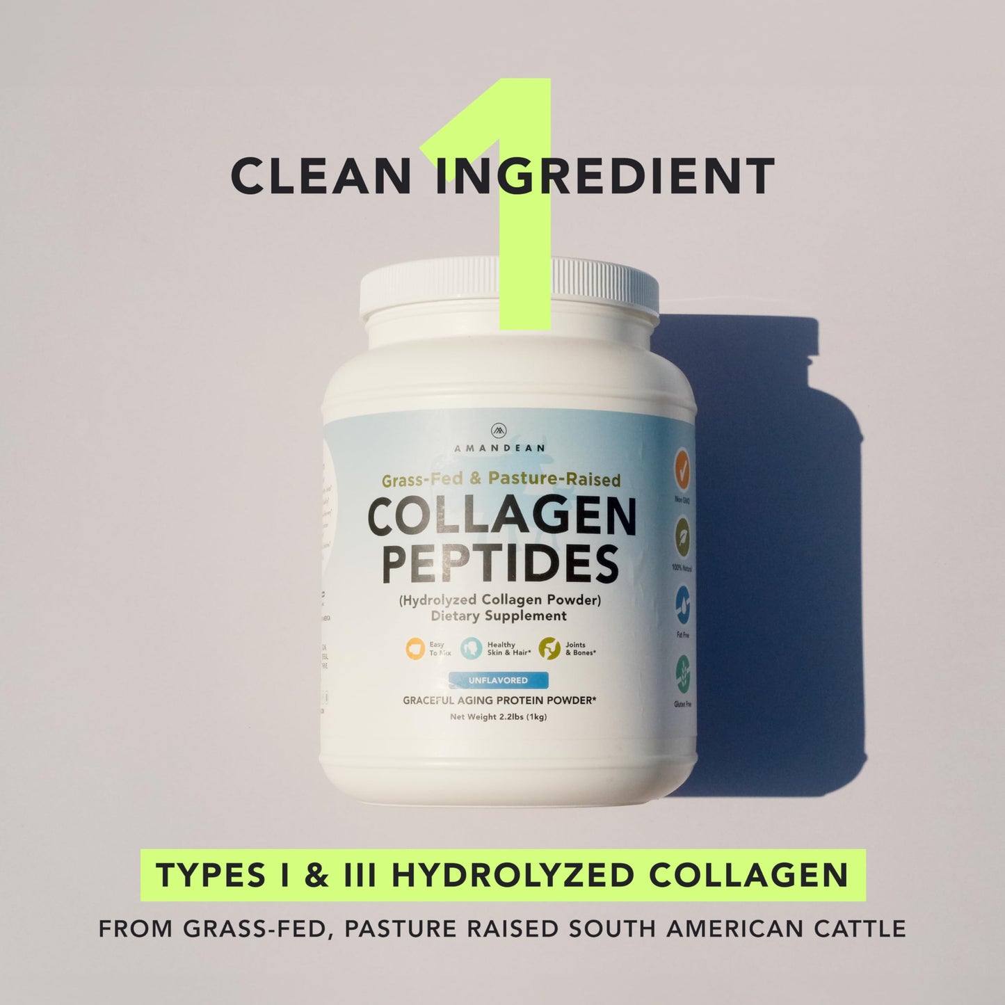 AMANDEAN Collagen Peptides Powder 1kg – Grass-Fed, Enzymatically Hydrolyzed Type 1 & 3, Unflavored, Non-GMO