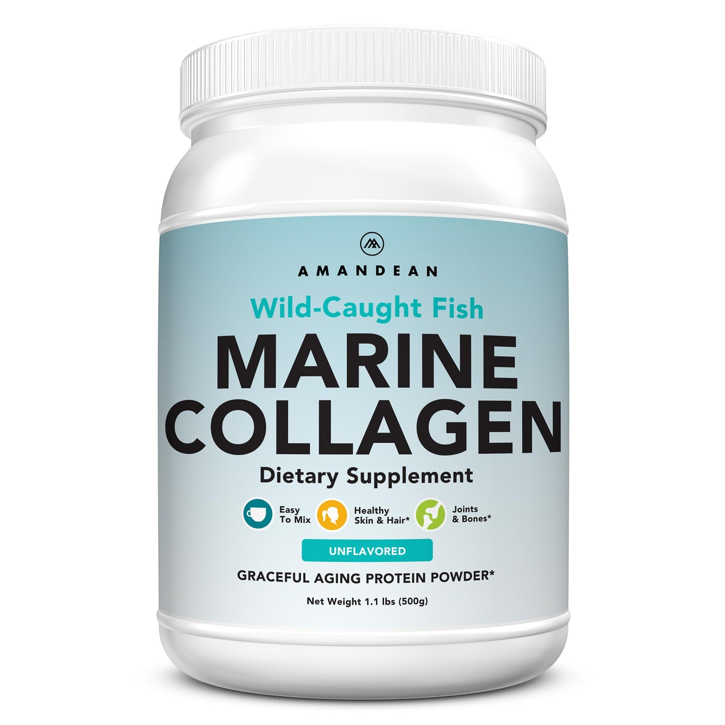 AMANDEAN Marine Collagen Peptides Powder – Double Hydrolyzed, Wild-Caught Whitefish, Type 1 & 3, 50 Servings