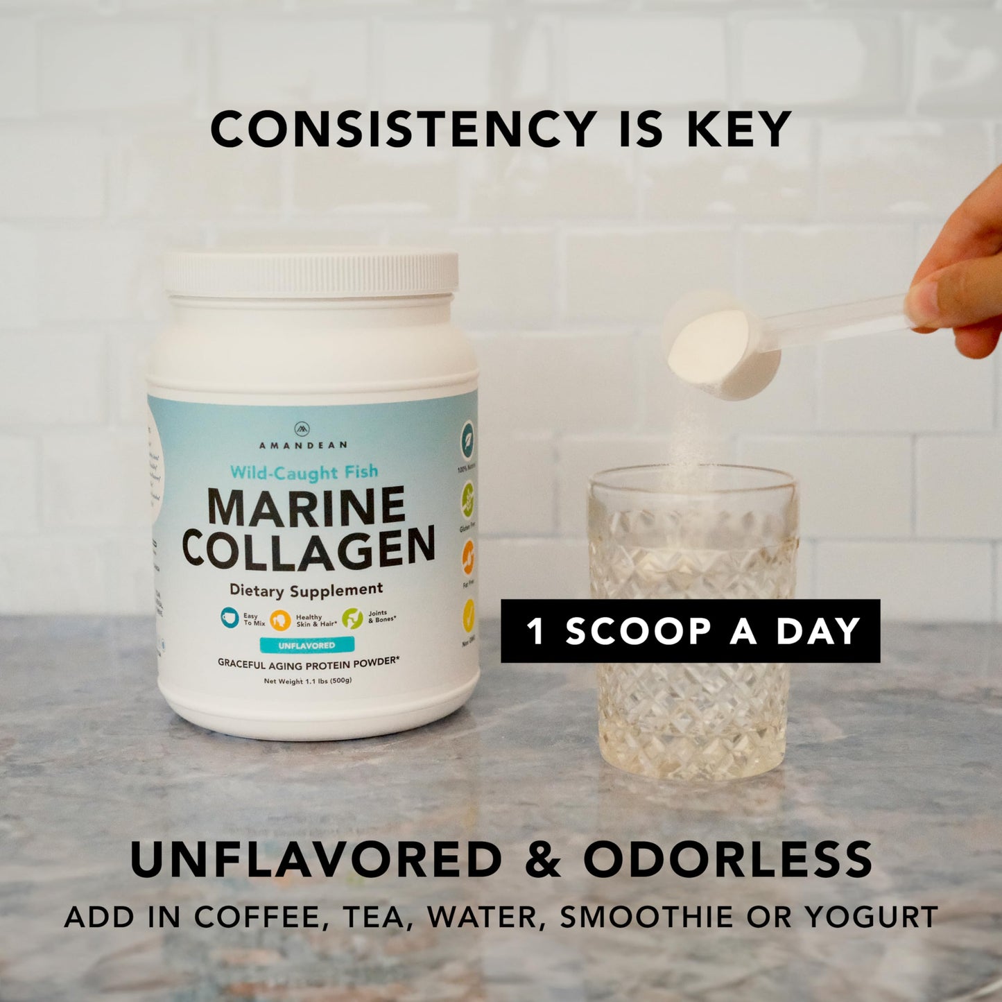 AMANDEAN Marine Collagen Peptides Powder – Double Hydrolyzed, Wild-Caught Whitefish, Type 1 & 3, 50 Servings
