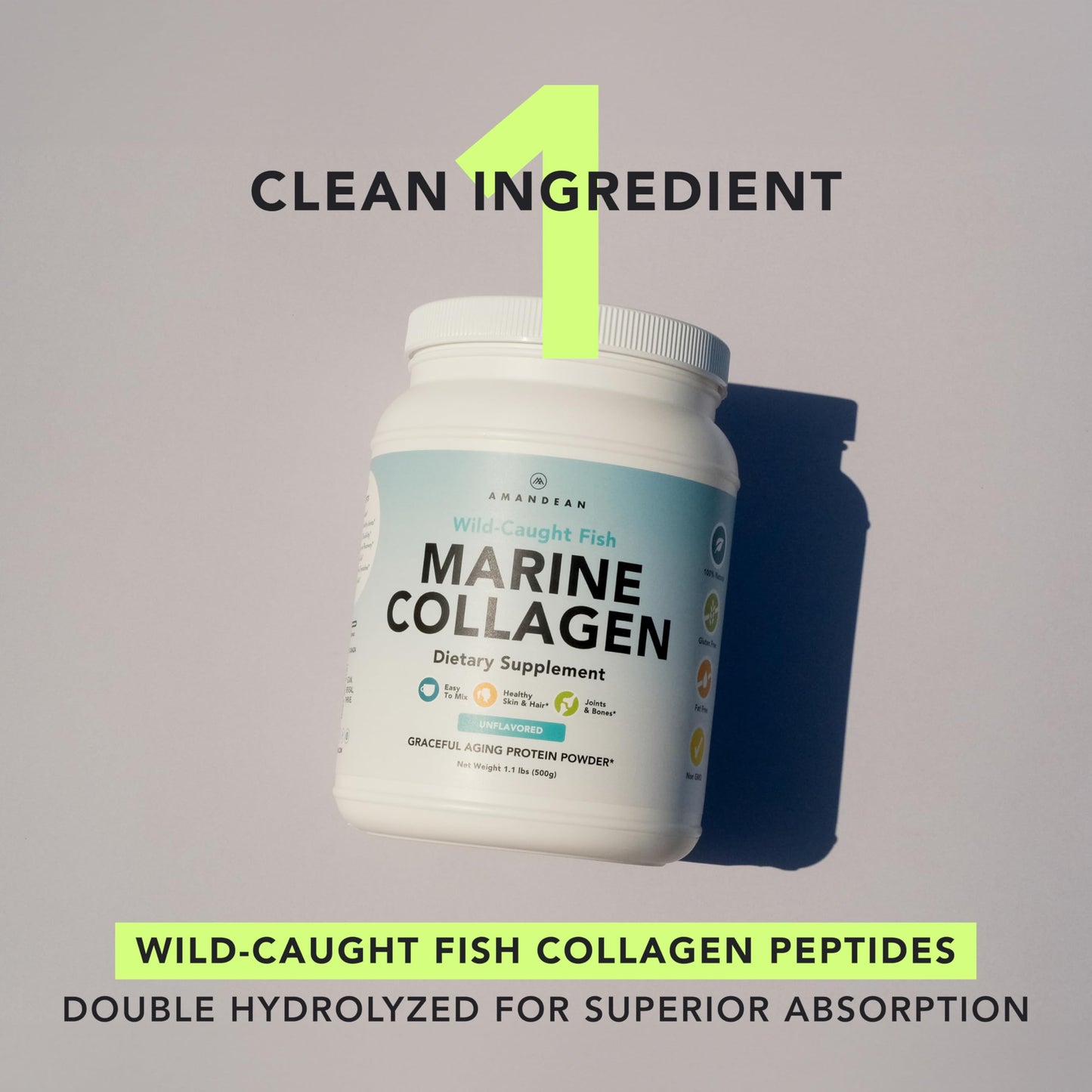 AMANDEAN Marine Collagen Peptides Powder – Double Hydrolyzed, Wild-Caught Whitefish, Type 1 & 3, 50 Servings
