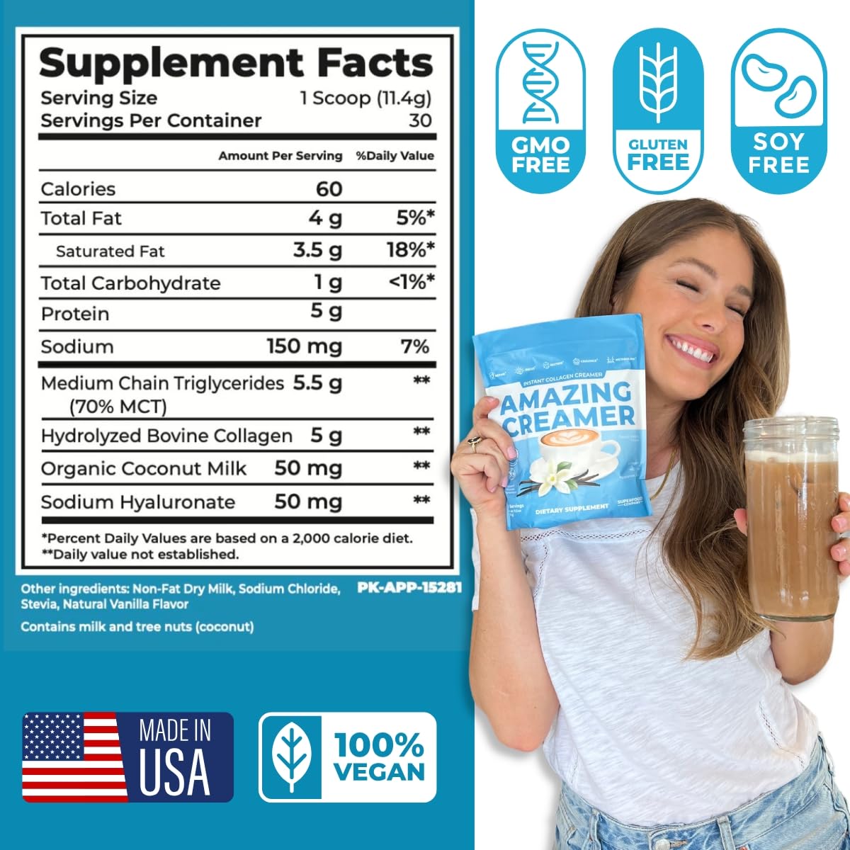 Amazing Creamer with Collagen - Keto MCT, Hyaluronic Acid, Vanilla | 30 Servings