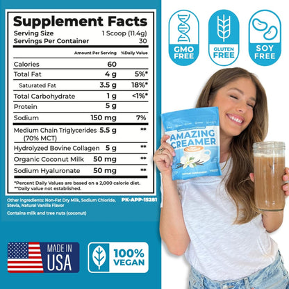 Amazing Creamer with Collagen - Keto MCT, Hyaluronic Acid, Vanilla | 30 Servings