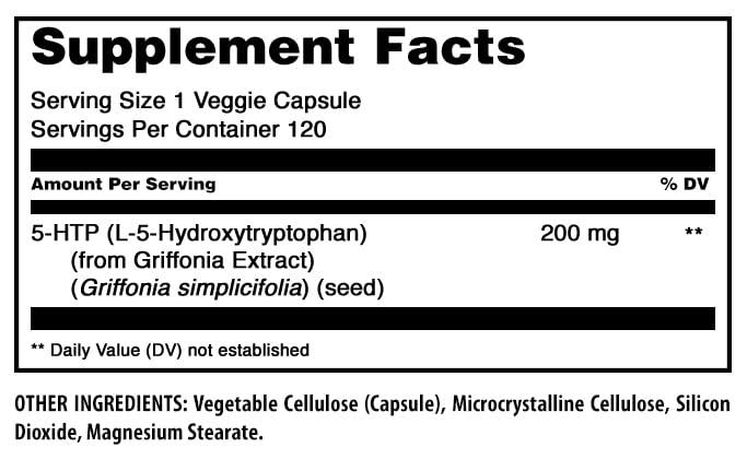 Amazing Formulas 5-HTP (L-5-Hydroxytryptophan) Supplement | 200 Mg per Serving | Veggie Capsules | Non-GMO | Gluten-Free | Made in USA (1 Pack | 120 Count)