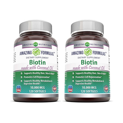 Amazing Formulas Biotin 10,000 mcg with Coconut Oil – Softgels, Non-GMO, Gluten-Free, Made in USA (2 Pack, 120 Count)