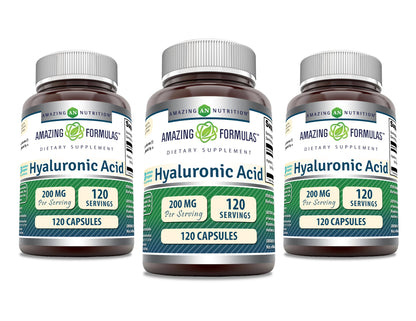 Amazing Formulas Hyaluronic Acid 200 mg Capsules – Non-GMO, Gluten Free, Made in USA | 120 Count (3 Pack) | Amazing Nutrition