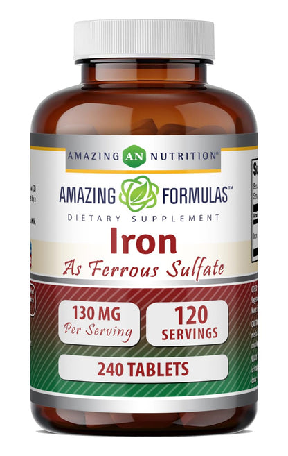 Amazing Formulas Iron Ferrous Sulfate 130 mg | 240 Tablets | Made in USA