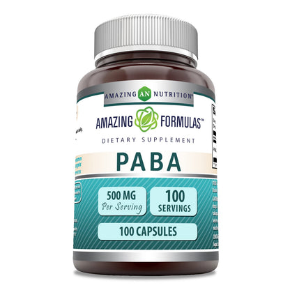 Amazing Formulas PABA 500 Mg Supplement – 100 Capsules, Non-GMO, Gluten-Free, Made in USA