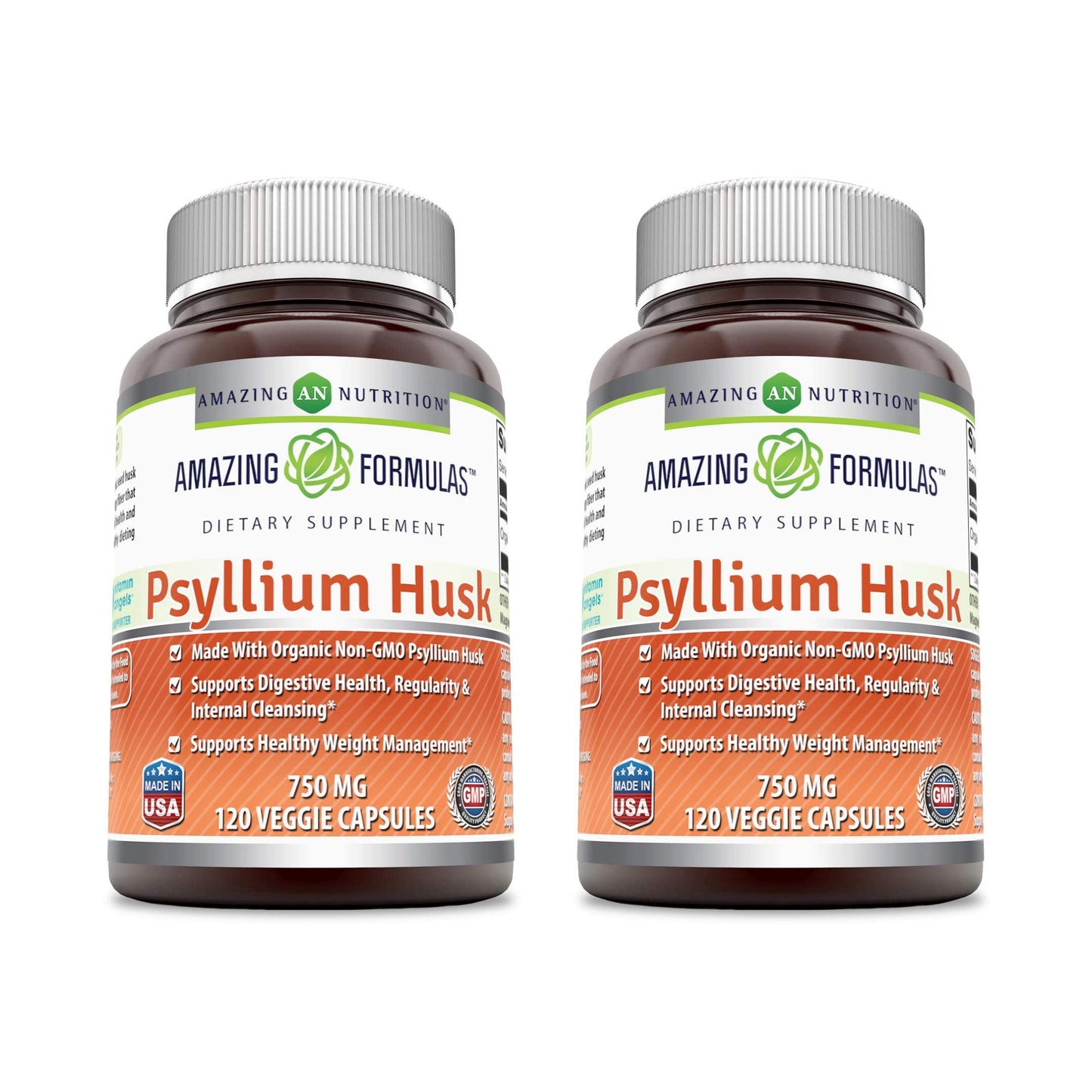 Amazing Formulas Psyllium Husk 750mg - 120 Veggie Capsules | Non-GMO, Gluten Free, Made in USA | 2 Pack