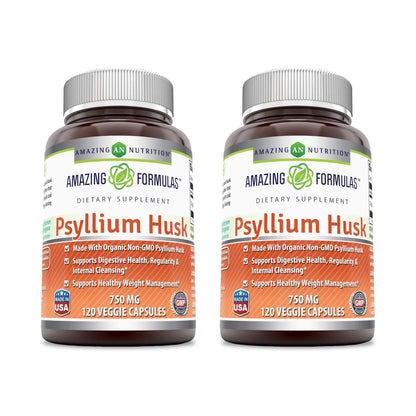 Amazing Formulas Psyllium Husk 750mg - 120 Veggie Capsules | Non-GMO, Gluten Free, Made in USA | 2 Pack