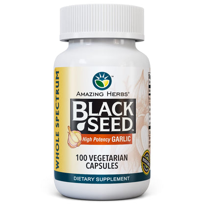 Amazing Herbs Whole Spectrum Black Seed & High Potency Garlic – 100 Count | Gluten-Free, Non-GMO, Vegan