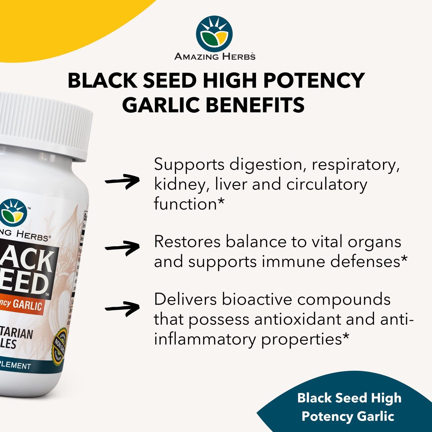 Amazing Herbs Whole Spectrum Black Seed & High Potency Garlic – 100 Count | Gluten-Free, Non-GMO, Vegan