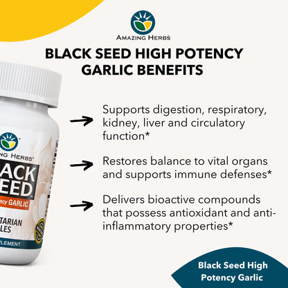 Amazing Herbs Whole Spectrum Black Seed & High Potency Garlic – 100 Count | Gluten-Free, Non-GMO, Vegan