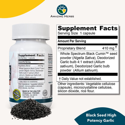 Amazing Herbs Whole Spectrum Black Seed & High Potency Garlic – 100 Count | Gluten-Free, Non-GMO, Vegan