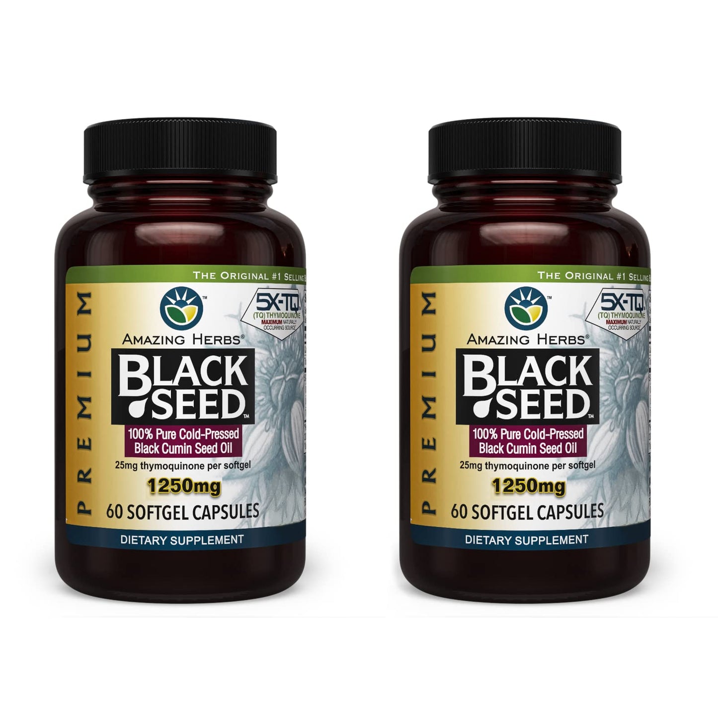 Amazing Herbs Premium Black Seed Oil Capsules - 1250mg, Cold-Pressed Nigella Sativa | Pack of 2 (60 Count Each)