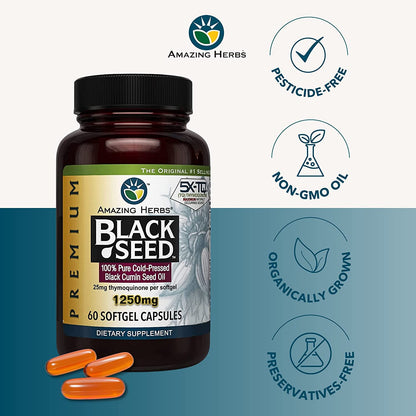 Amazing Herbs Premium Black Seed Oil Capsules 1250mg – Cold-Pressed Nigella Sativa – 60 Count (Pack of 3)