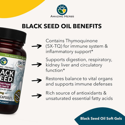 Amazing Herbs Premium Black Seed Oil Capsules – 90 Count x 2, 500mg, Gluten Free & Non-GMO