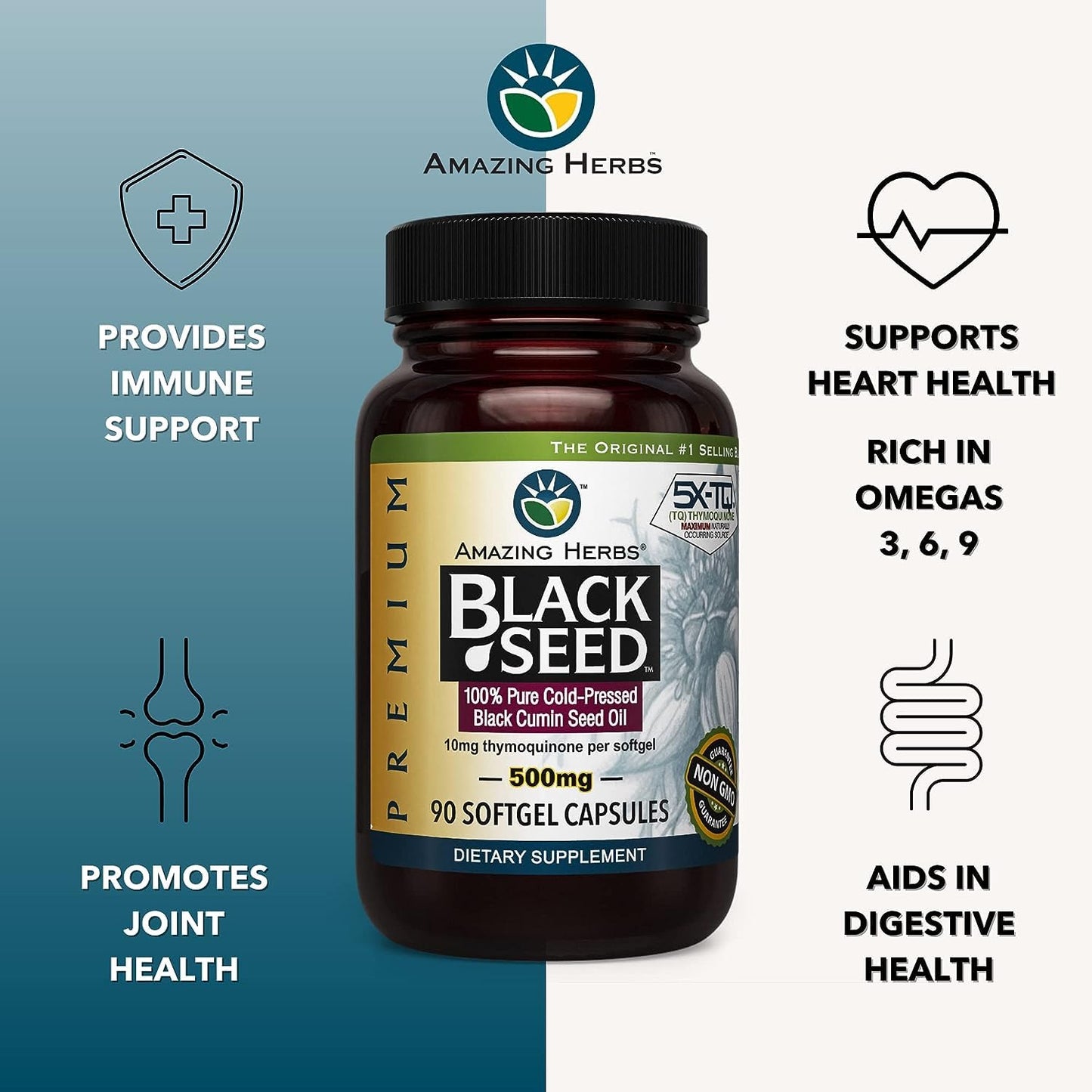 Amazing Herbs Premium Black Seed Oil Capsules – 90 Count x 2, 500mg, Gluten Free & Non-GMO