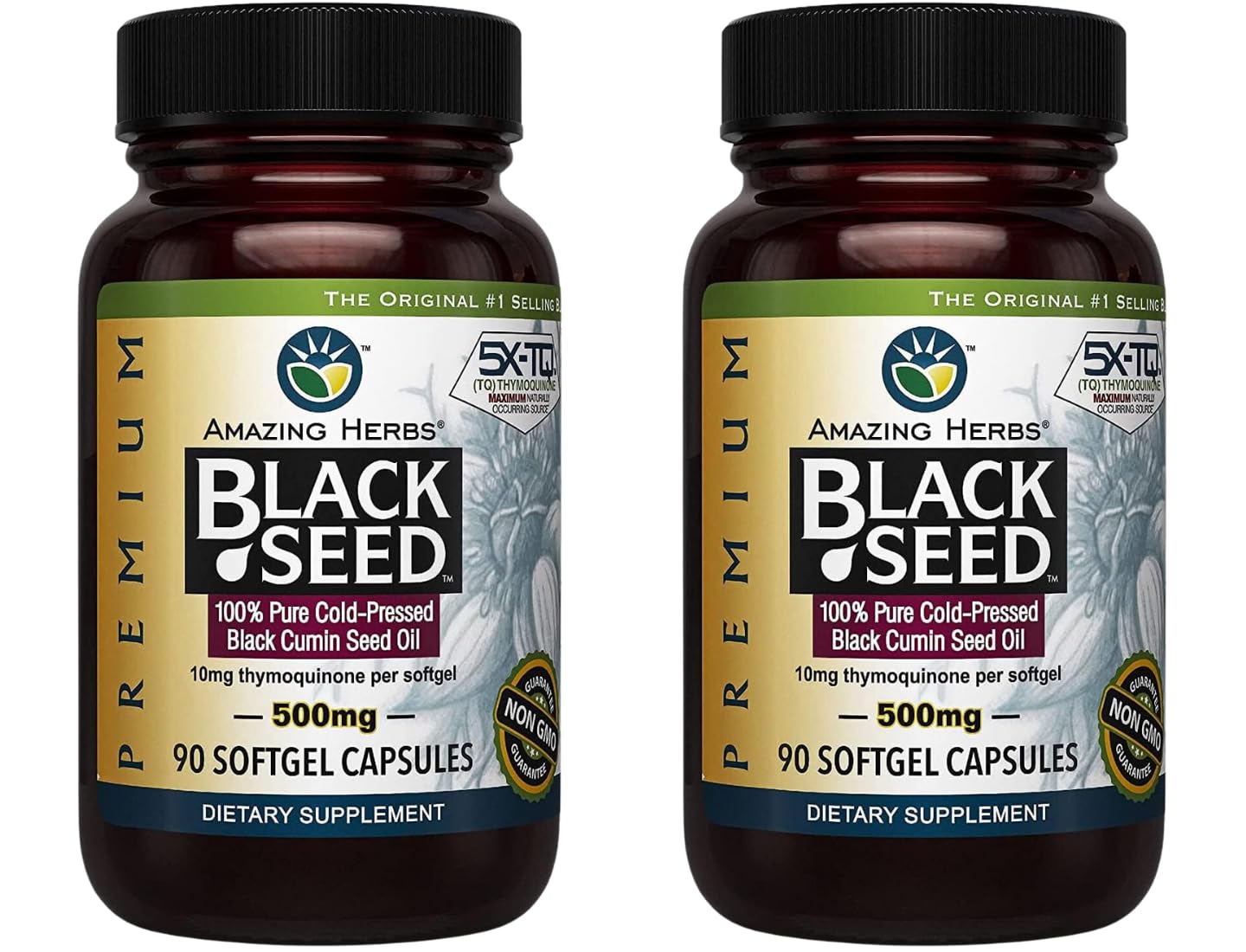 Amazing Herbs Premium Black Seed Oil Capsules – 90 Count x 2, 500mg, Gluten Free & Non-GMO