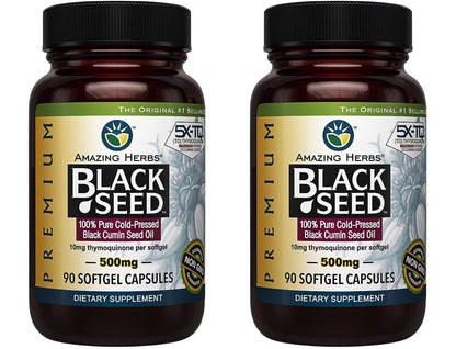 Amazing Herbs Premium Black Seed Oil Capsules – 90 Count x 2, 500mg, Gluten Free & Non-GMO