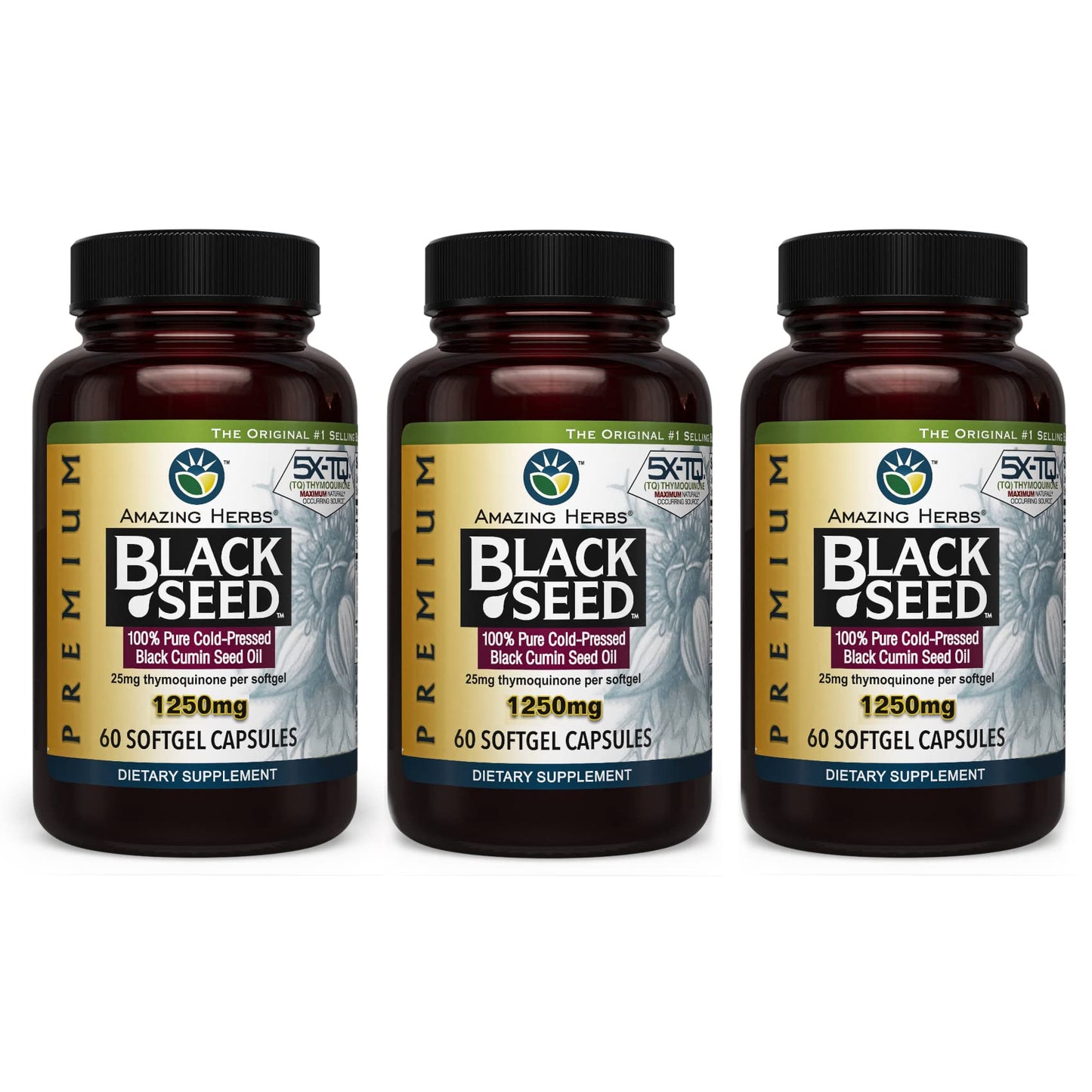 Amazing Herbs Premium Black Seed Oil Capsules 1250mg – Cold-Pressed Nigella Sativa – 60 Count (Pack of 3)