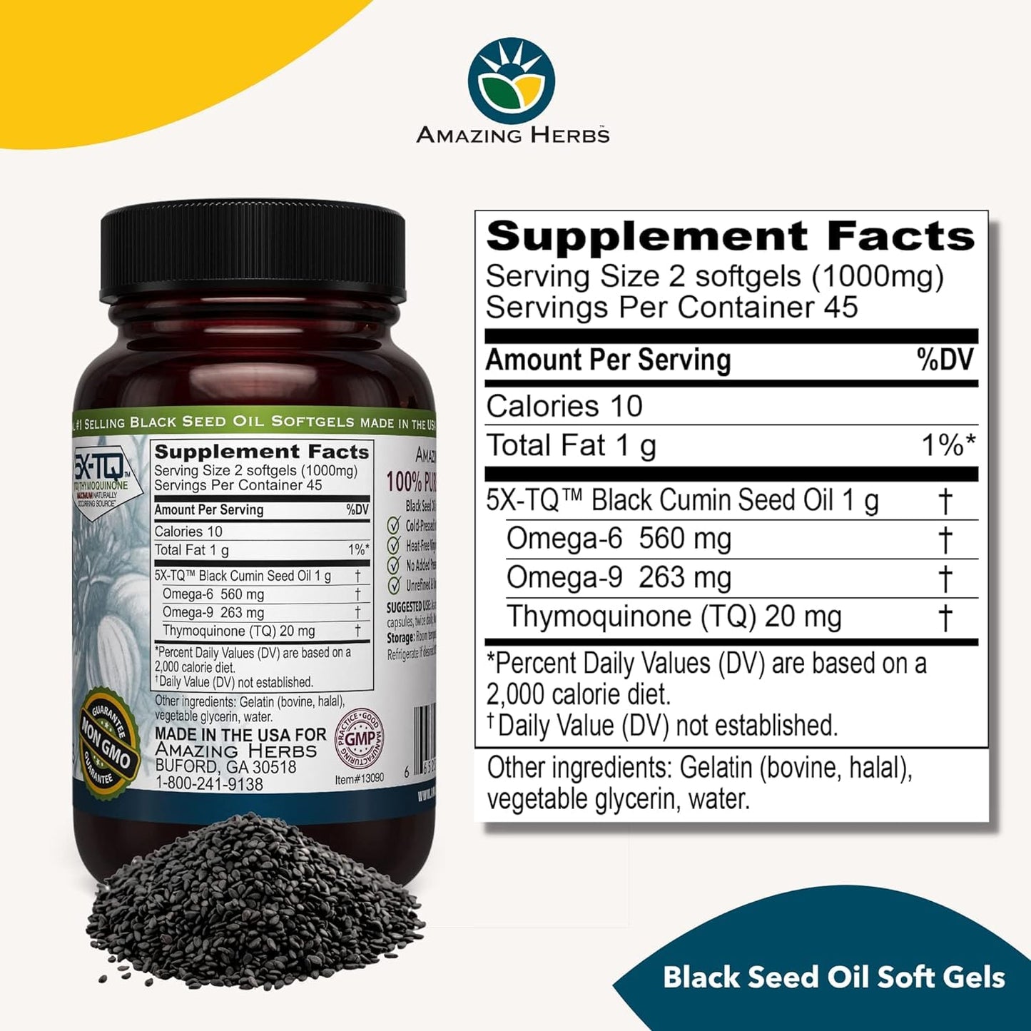 Amazing Herbs Premium Black Seed Oil Capsules – 90 Count x 2, 500mg, Gluten Free & Non-GMO