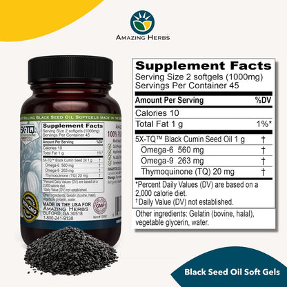 Amazing Herbs Premium Black Seed Oil Capsules – 90 Count x 2, 500mg, Gluten Free & Non-GMO