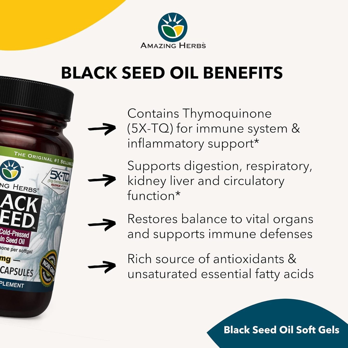 Amazing Herbs Premium Black Seed Oil Capsules – 90 Count x 2, 500mg, Gluten Free & Non-GMO