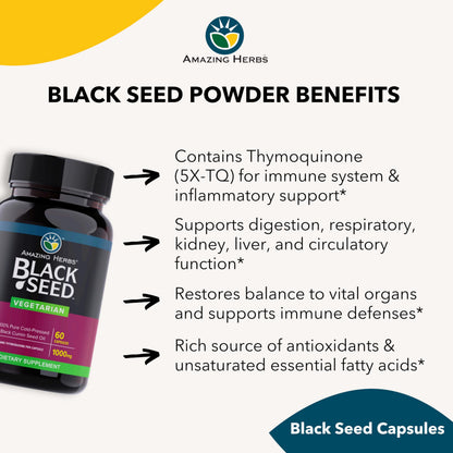 Amazing Herbs Black Seed Oil Capsules - 1000 mg, Cold-Pressed Nigella Sativa, 60 Vegetarian Capsules | Non-GMO