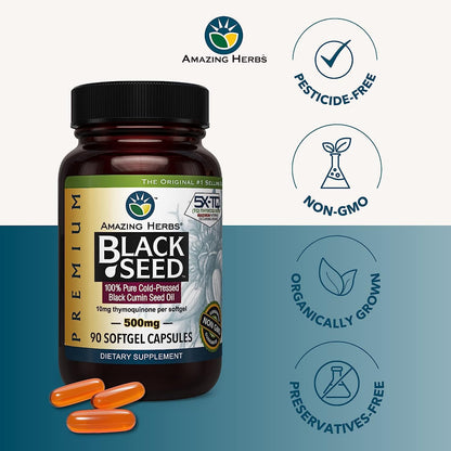 Amazing Herbs Premium Black Seed Oil Capsules – 90 Count x 2, 500mg, Gluten Free & Non-GMO