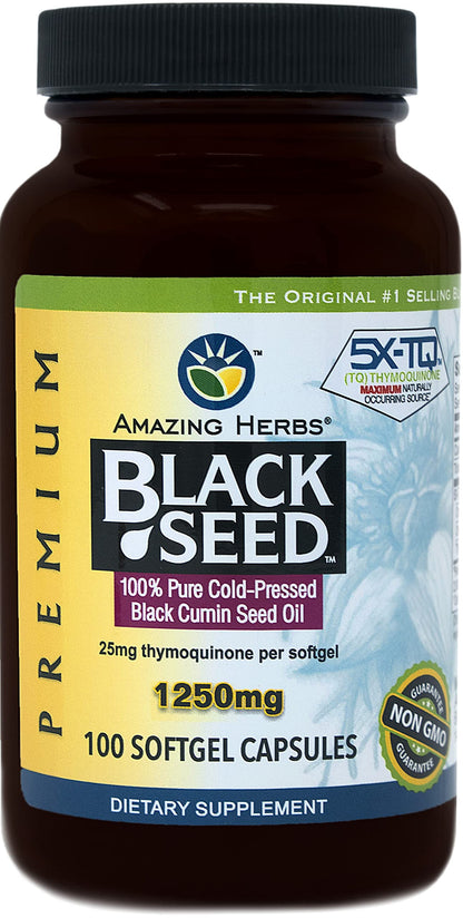Amazing Herbs Black Seed Oil Pills 1250mg | 100 Softgel Capsules | Cold-Pressed, Non-GMO