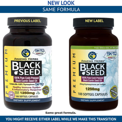 Amazing Herbs Black Seed Oil Pills 1250mg | 100 Softgel Capsules | Cold-Pressed, Non-GMO