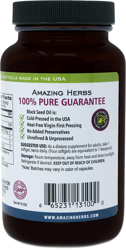Amazing Herbs Black Seed Oil Pills 1250mg | 100 Softgel Capsules | Cold-Pressed, Non-GMO