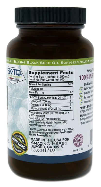 Amazing Herbs Black Seed Oil Pills 1250mg | 100 Softgel Capsules | Cold-Pressed, Non-GMO