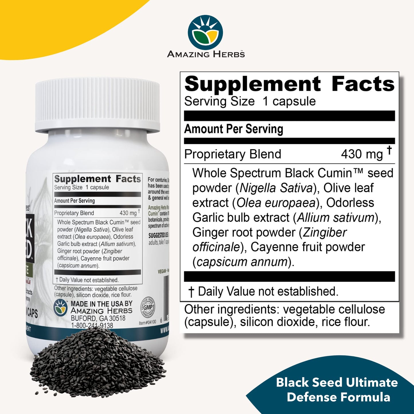 Amazing Herbs Whole Spectrum Black Seed Ultimate – Vegetarian Capsules (Olive Leaf, Garlic, Ginger, Cayenne) – Gluten Free & Vegan – 100 Count