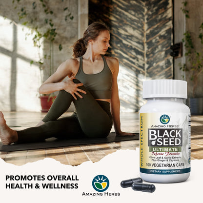 Amazing Herbs Whole Spectrum Black Seed Ultimate – Vegetarian Capsules (Olive Leaf, Garlic, Ginger, Cayenne) – Gluten Free & Vegan – 100 Count