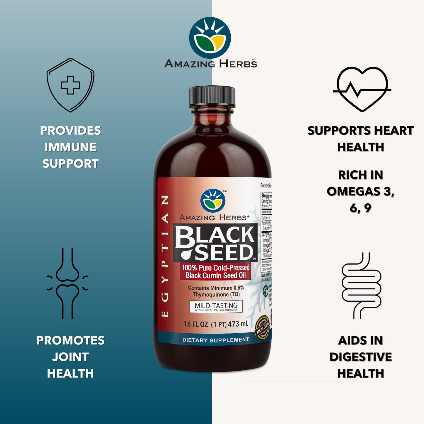 Amazing Herbs Egyptian Black Seed Oil - Gluten Free, Non-GMO, Cold-Pressed Nigella Sativa 16 oz