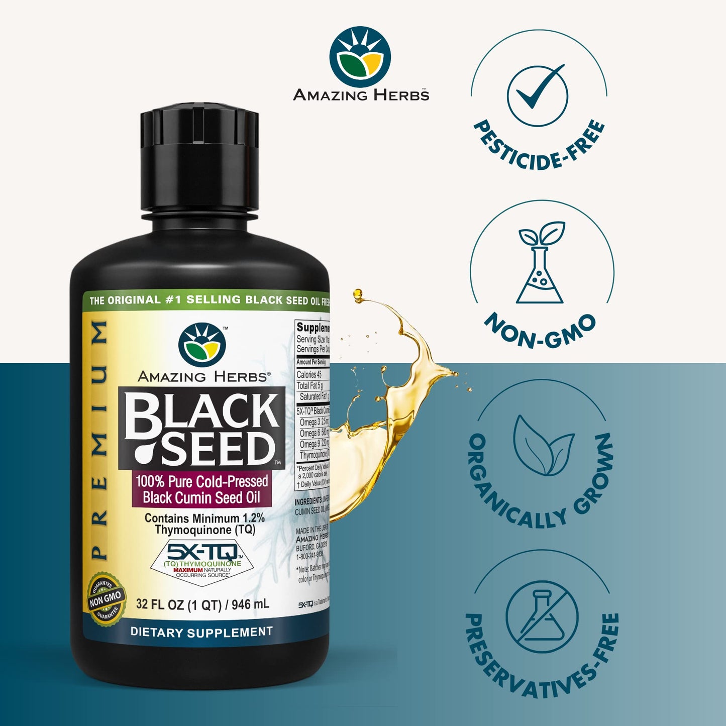 Amazing Herbs Premium Black Seed Oil – Cold-Pressed Nigella Sativa, 32 oz (Pack of 2)