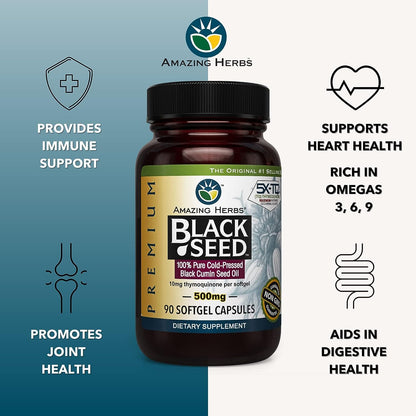 Amazing Herbs Premium Black Seed Oil Capsules – 90 Count x 2, 500mg, Gluten Free & Non-GMO