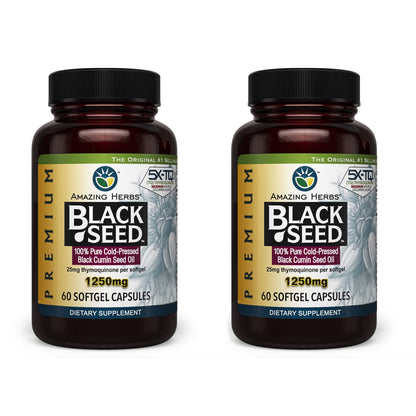Amazing Herbs Premium Black Seed Oil Capsules - 1250mg, Cold-Pressed Nigella Sativa, 60 Count (Pack of 2)