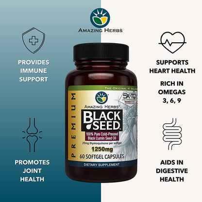 Amazing Herbs Premium Black Seed Oil Capsules - 1250mg, Cold-Pressed Nigella Sativa, 60 Count (Pack of 2)