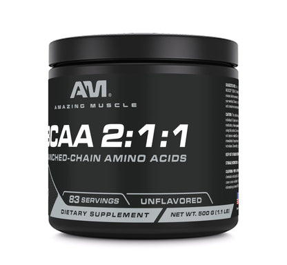 Amazing Muscle BCAA Amino Supplement | 2:1:1 BCAA Ratio | Unflavored | 500g | Non-GMO | Gluten-Free | Made in USA