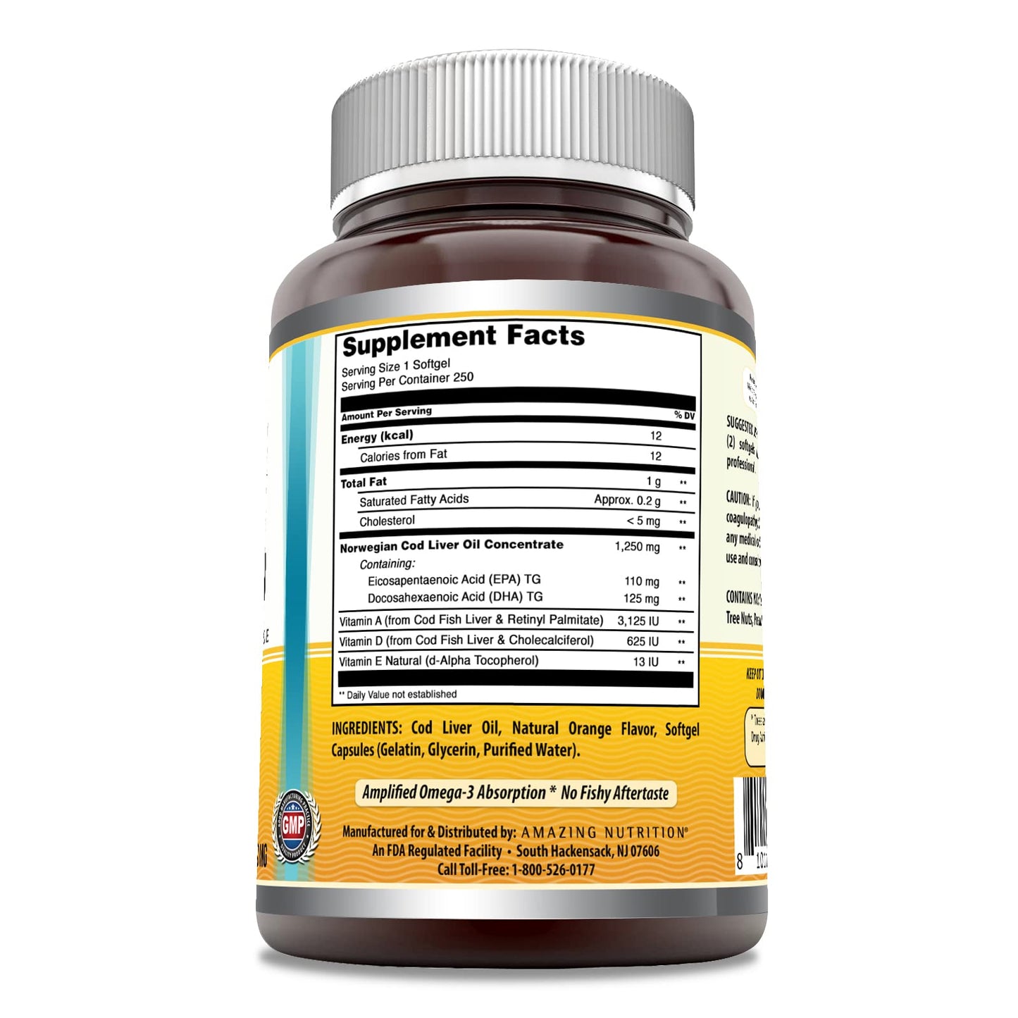 Amazing Omega Norwegian Cod Liver Oil 1250 mg Softgels – Omega-3 EPA/DHA + Vitamins A, D & E (Orange, 250 Count) | Amazing Nutrition