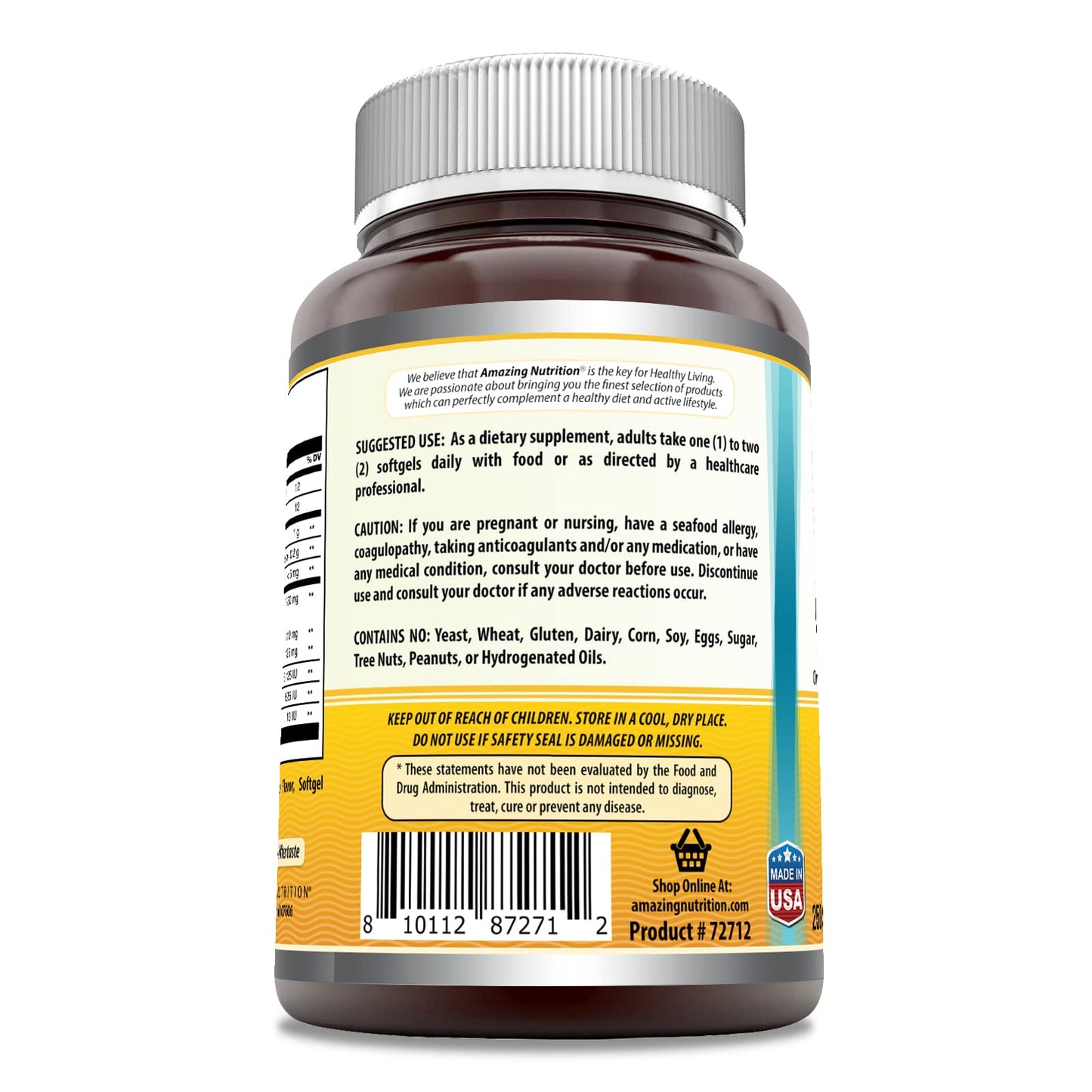 Amazing Omega Norwegian Cod Liver Oil 1250 mg Softgels – Omega-3 EPA/DHA + Vitamins A, D & E (Orange, 250 Count) | Amazing Nutrition